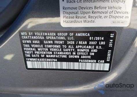 2014 Volkswagen Passat 2.0L Tdi Se from USA, damaged, VIN 1VWBN7A3XEC063704